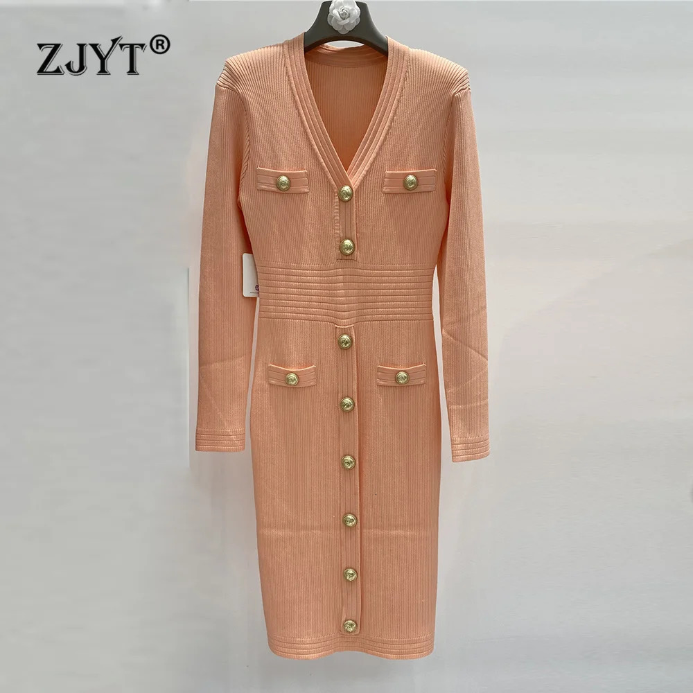 ZJYT Womens Fall Winter Knitting Dresses Long Sleeve Sweaters V Neck Buttons Midi Straight Casual Party Dress White 250730