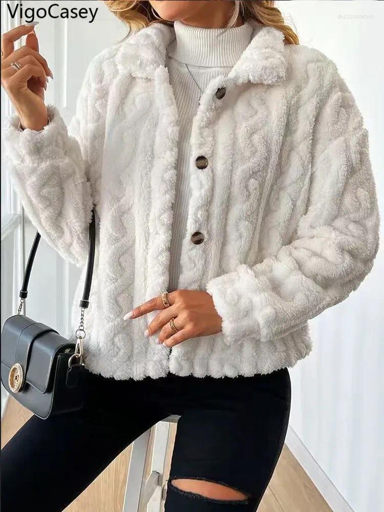 Women's Jackets VigoCasey 2025 Women Autumn Long Sleeve Jacket White Single Breasted Thick Plush Warm Coat Winter Loose Cardigan Soft Lady