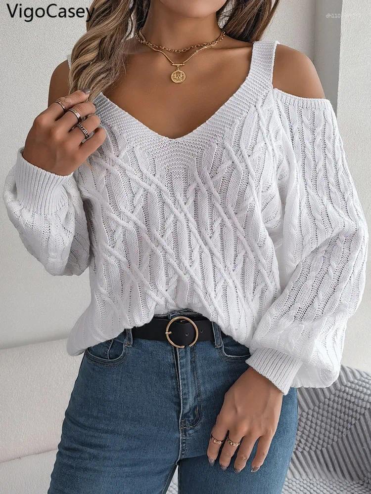 Women's Sweaters VigoCasey 2025 Winter Casual V Neck Knitted Sweater Women Lantern Long Sleeve Pullover Autumn Lady Off Shoulder Loose