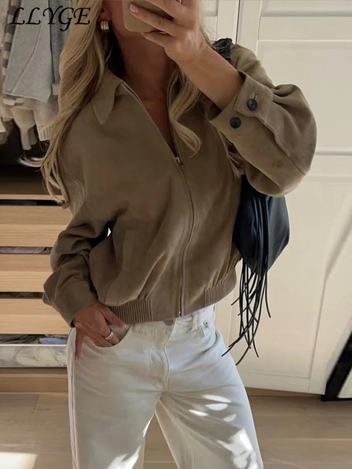 Fashion Womens Suede Bomber Jackets Loose Lapel Zipper Full Sleeve Pocket Female Coats Spring Lady Commute Casual Outerwear 250724