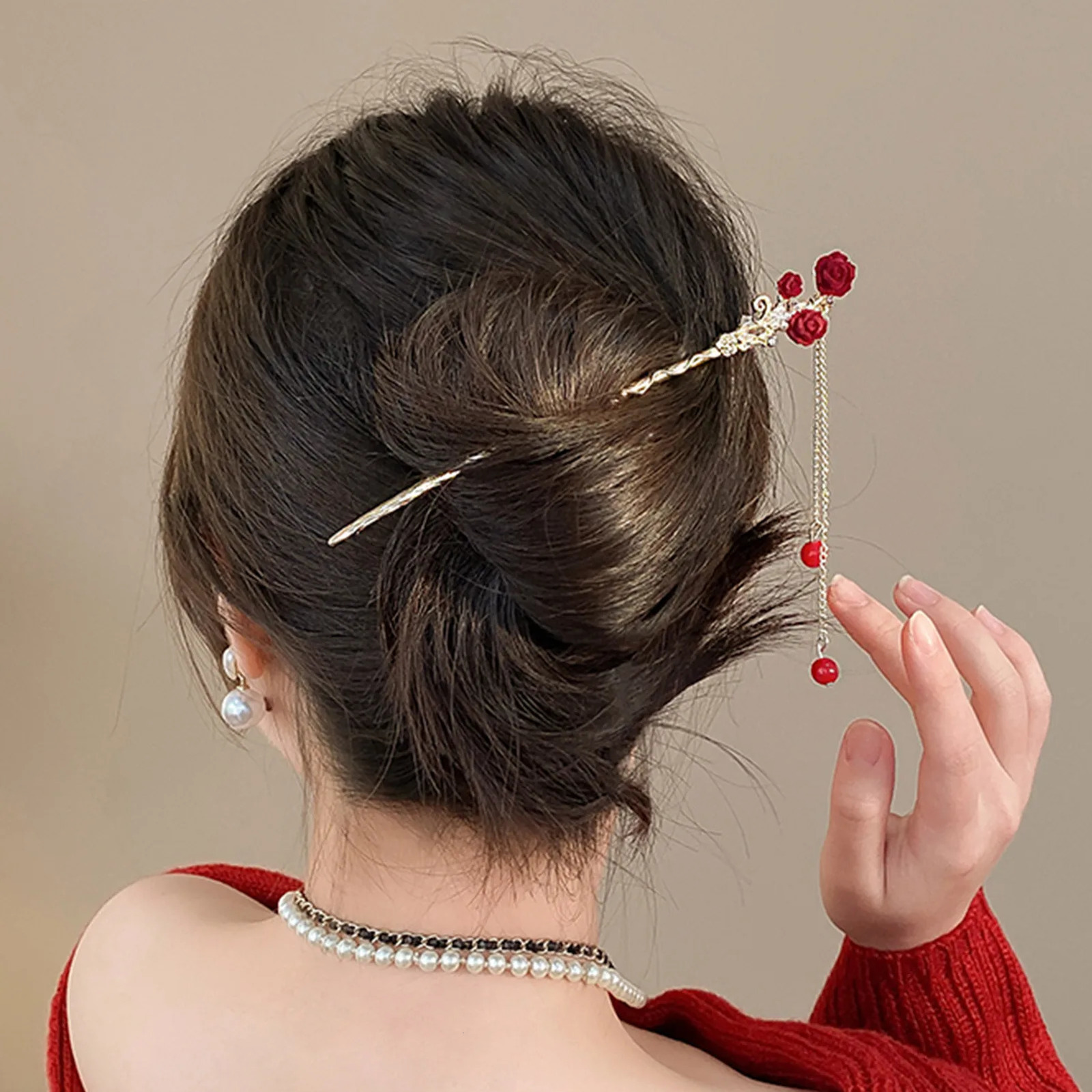 Chinese Hair Stick Red Rose Floral Hairpin Tiaras For Women Tassel Metal Tiaras Classic Girls Hair Bun Jewelry Girl Retro Bijoux 250729