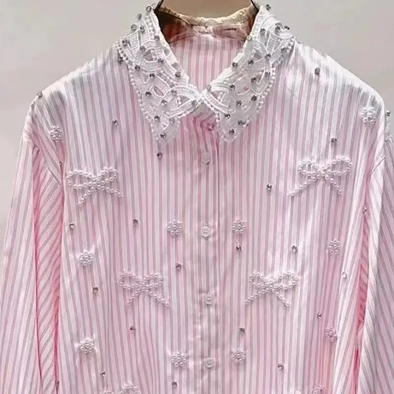 y Style Pears Beads Stitch Blouses Stripe Shirts Women Spring Summer Trend Long Sleeve Loose Casual Top Blusas 250730