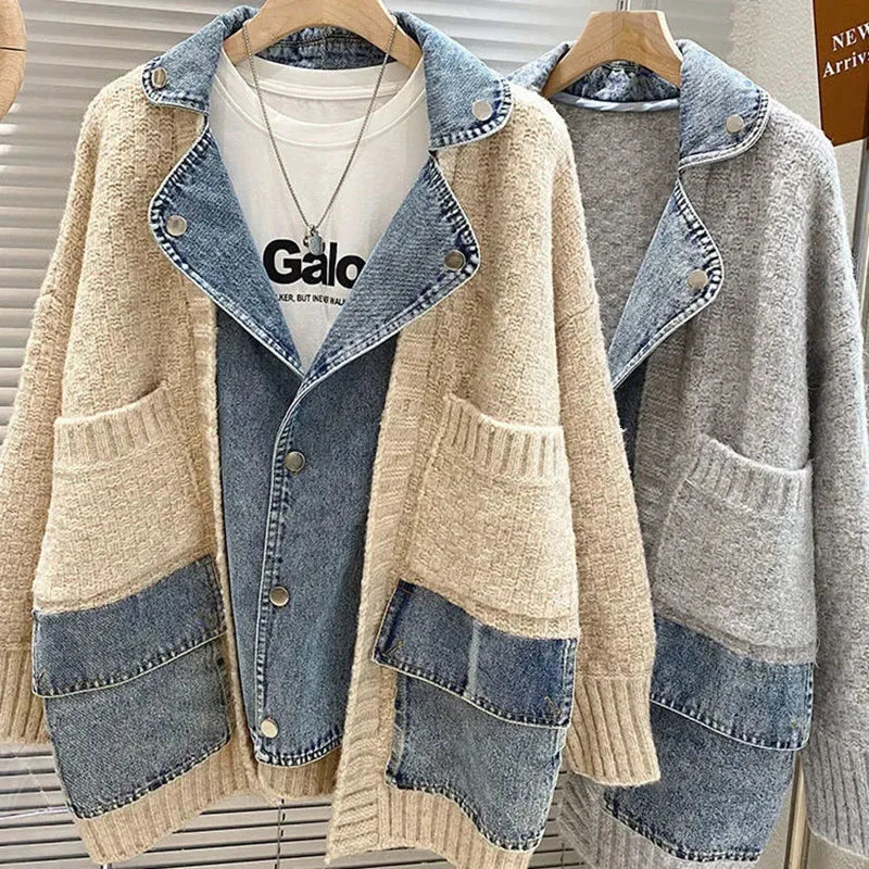 Autumn Winter Retro Personality Denim Stitching Sweater Jacket Womens Lazy Wind Knitting Cardigan Ladies Tops 250730