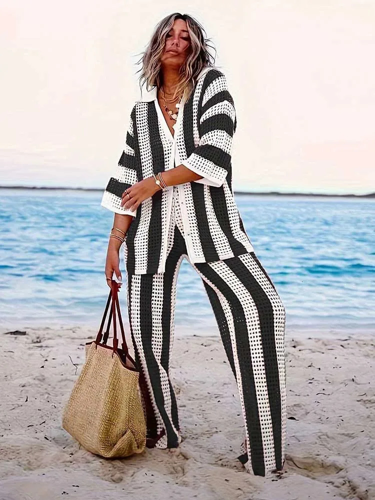 Summer Outfits for Women Vacation Hollow Out Sweater Shirt and Trouser Lady Casual Sexy Plus Size Sets 2 Piece Pants Sets Wide 250725