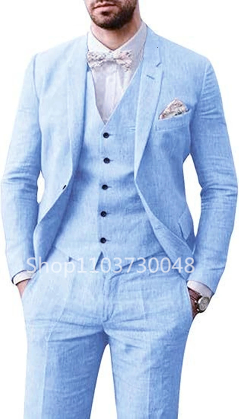 Elegant Beige/Blue Linen Men Suits Casual Single Breasted Slim Fit Blazer Vest Pants High Quality 3 Piece Summer Wedding Suits250724