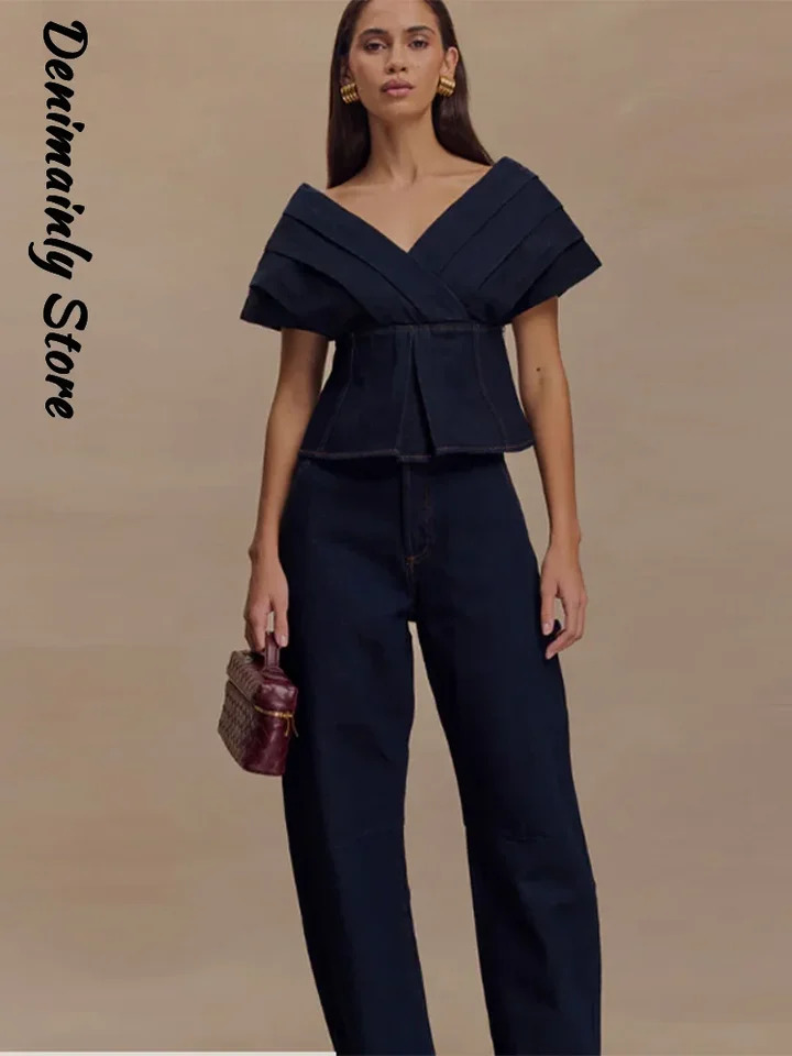 Sexy Denim Long Pants Two Piece Suit High Street Deep Vneck Bandage Backless Tops Straight Loose Jeans Fashion Woman Sets 250724