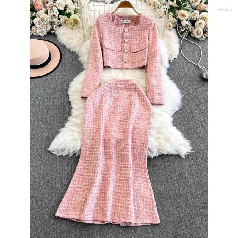 Two Piece Dress Two-piece Sets 2025 Autumn Winter High Street Fashion Korean Chic Suits Square Collar Plaid Jackets Bodycon Skirts