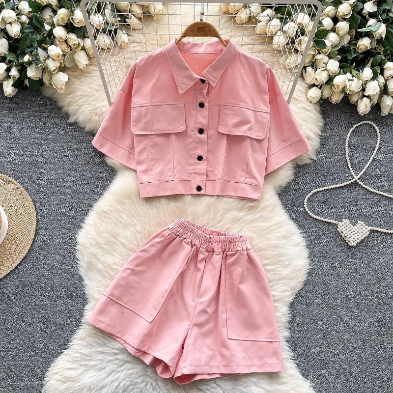 Women's Tracksuits Women Shorts Pant Set Two Piece Sets Turn Down Collar Short Sleeve Shirt Tops High Waist Pants Y2k Streetwear Elegant