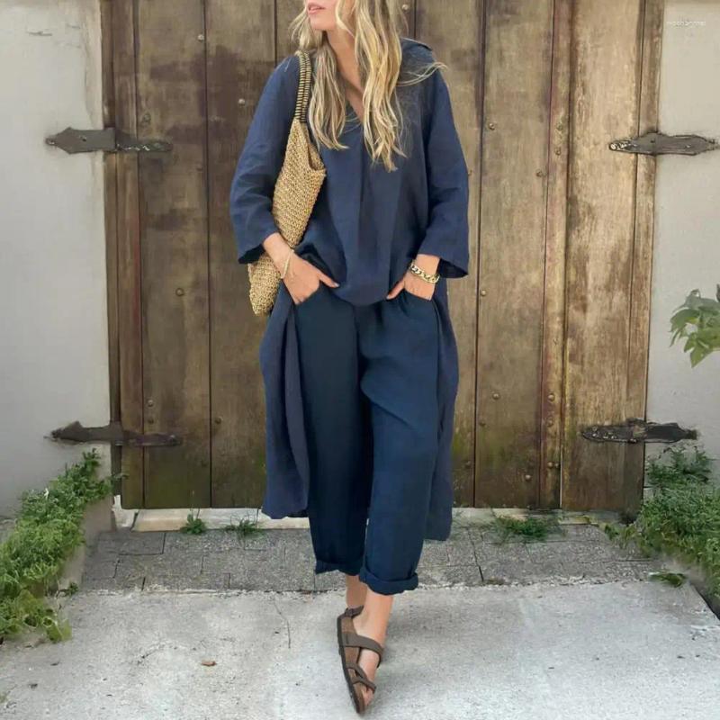 Women's Two Piece Pants Solid Color Set Stylish Outfits Long Sleeve Irregular Pullover V Neck Top Wide Leg Casual For Spring
