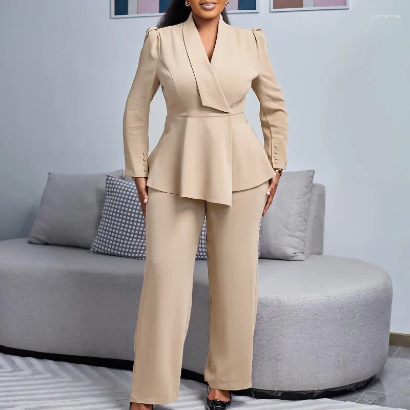 Women's Two Piece Pants Women Pieces Set Elegant Long Sleeves Tops High Waist Trousers Modest Office Ladies Work Wear Business Suit