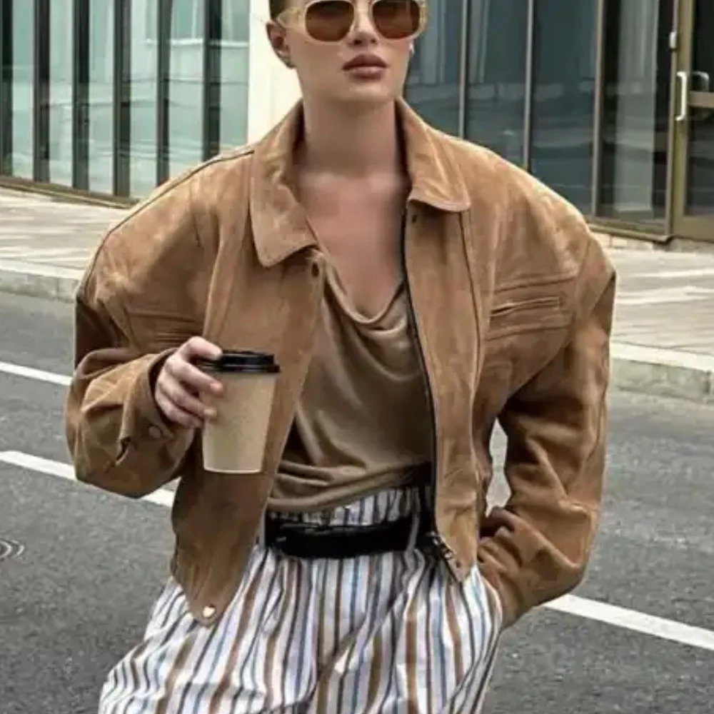 Women Suede Bomber Winter Genuine Sheep Leather Coat Wide Shoulder Ladies Sheep Suede Jackets 250724