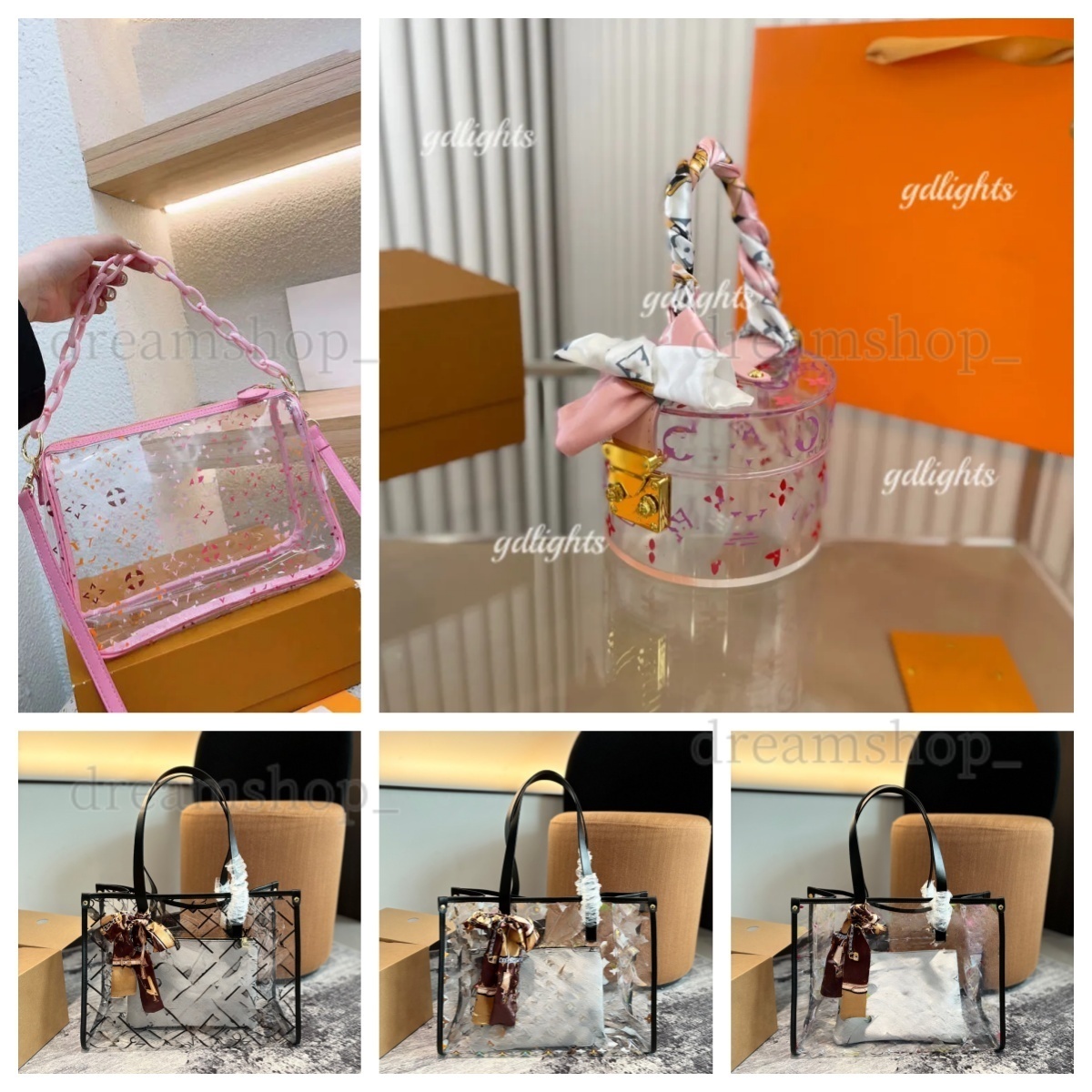Luxurys Designers Handbags Purses Women Cosmetic Bag Transparent Box High Quality Fashion PVC Jelly Clear Handbag With Silk Scarf Wallet001