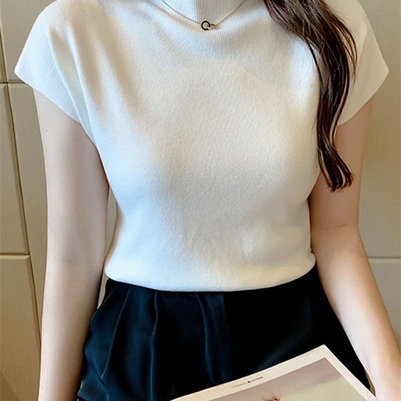 2025 Women Summer Knitted Turtleneck Sleeveless TShirts Tops Solid Slim Fit Pullovers Causal Tees Female Streetwear Basics 250724