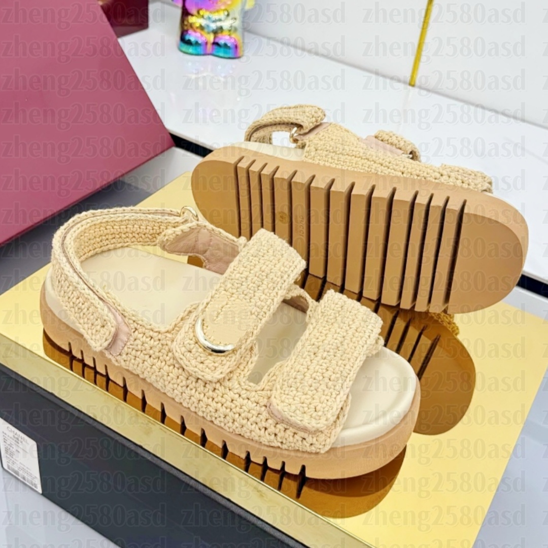 Ladys Raffias leather canvas Crochet Designer Sandal Womens slipper Mule Flat shoe Gladiator Sandale Luxury Summer pearl Sliders Beach Outdoor denim