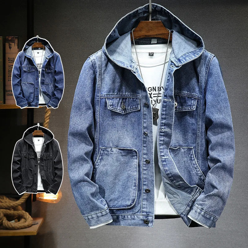 Men Denim Jackets Coats Button Coat Hooded Jacket Full Sleeve Casual Splice Regular Open Stitch Pockets Solid Spring 2025 250728