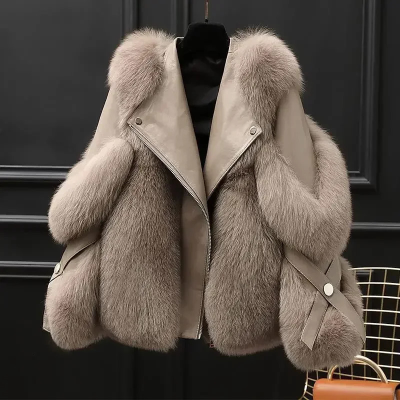 Autumn Winter Women Tops Coat Faux Fur Splicing Lapel Collar Long Sleeve Zipper All Match Female Coats 250725