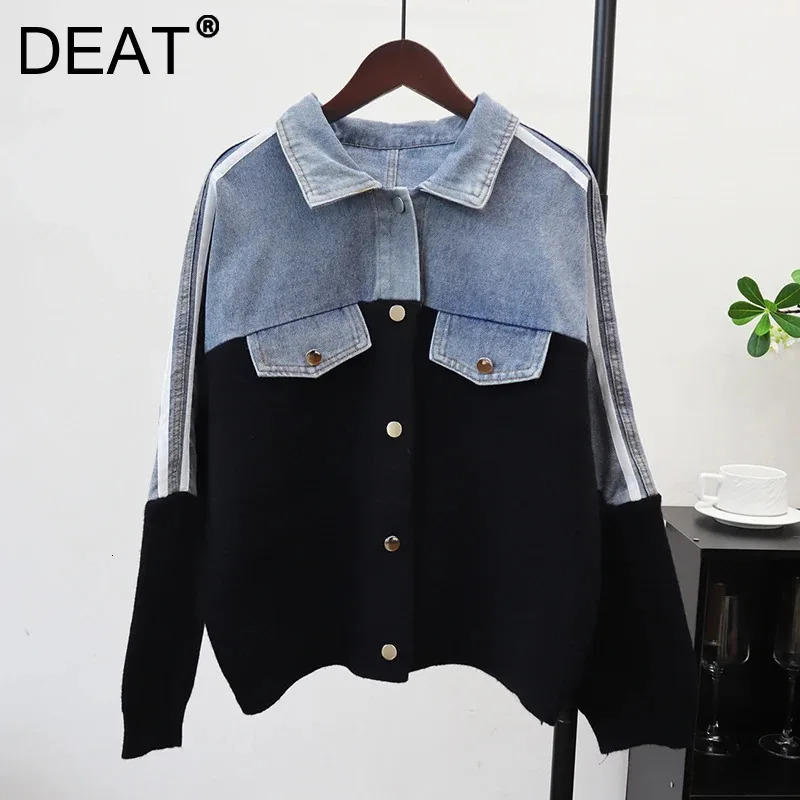 DEAT Fashion Denim Patchwork Sweater Jacket For Women Loose Casual Versatile Singlebreasted Knitted Cardigan Female 33A4281 250730