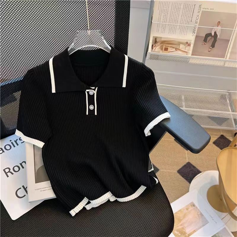 Ice silk knitted short sleeved Tshirt for womens summer 2024 fashionable and stylish polo shirt top 250724