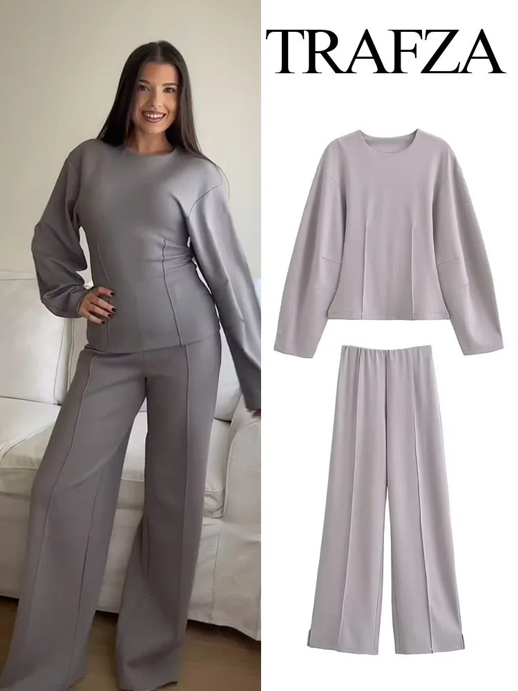 TRAFZA Womens 2-Piece Set Fashion Slimming Double-Sided Fabric Round Neck Long-Sleeve TopElegant Stretch Casual Wide Leg Pants250724