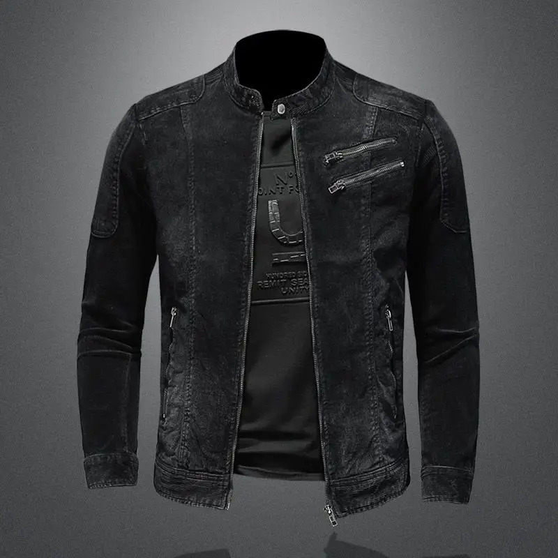 denim jacket men loose casual stand collar zipper motorcycle jacket retro fashion mens jacket streetwear mens clothing 250728