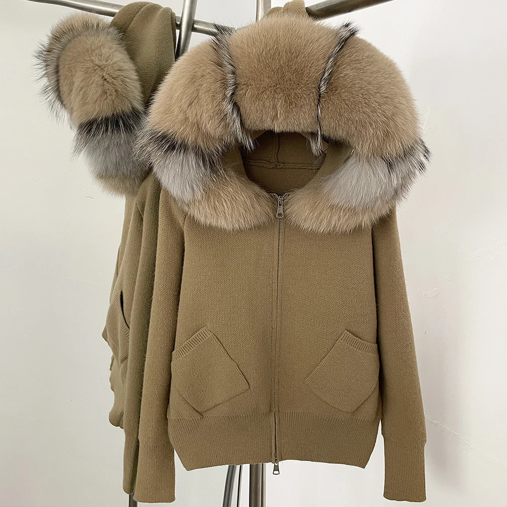 01 Fashion Autumn Winter Clothes Female Hooded Big Fox Fur Collar Fashion Short Knitted Jacket Natural Fur Coat Women 250725