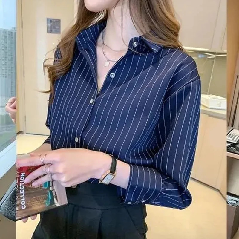 Striped Shirt Women Summer Vintage Chic Loose Long Sleeve Top Y2K Office Ladies Fashion Casual Turn Down Collar All Match Blouse250723