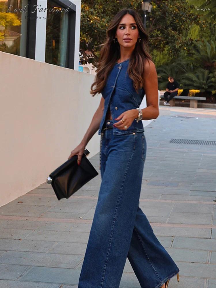 Women's Two Piece Pants Denim Vest Jeans Suit Women Slim O-neck Buttons Top Zippers Straight Trousers Set Spring Summer Solid Sets Lady High