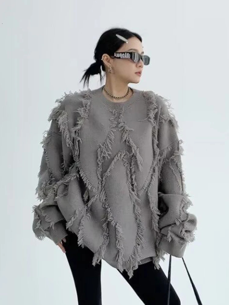 Mueyaruho Autumn Winter Women Korean Oversized Tassel Sweaters Long Sleeve Solid Pullover Loose Jumper For Women 250730