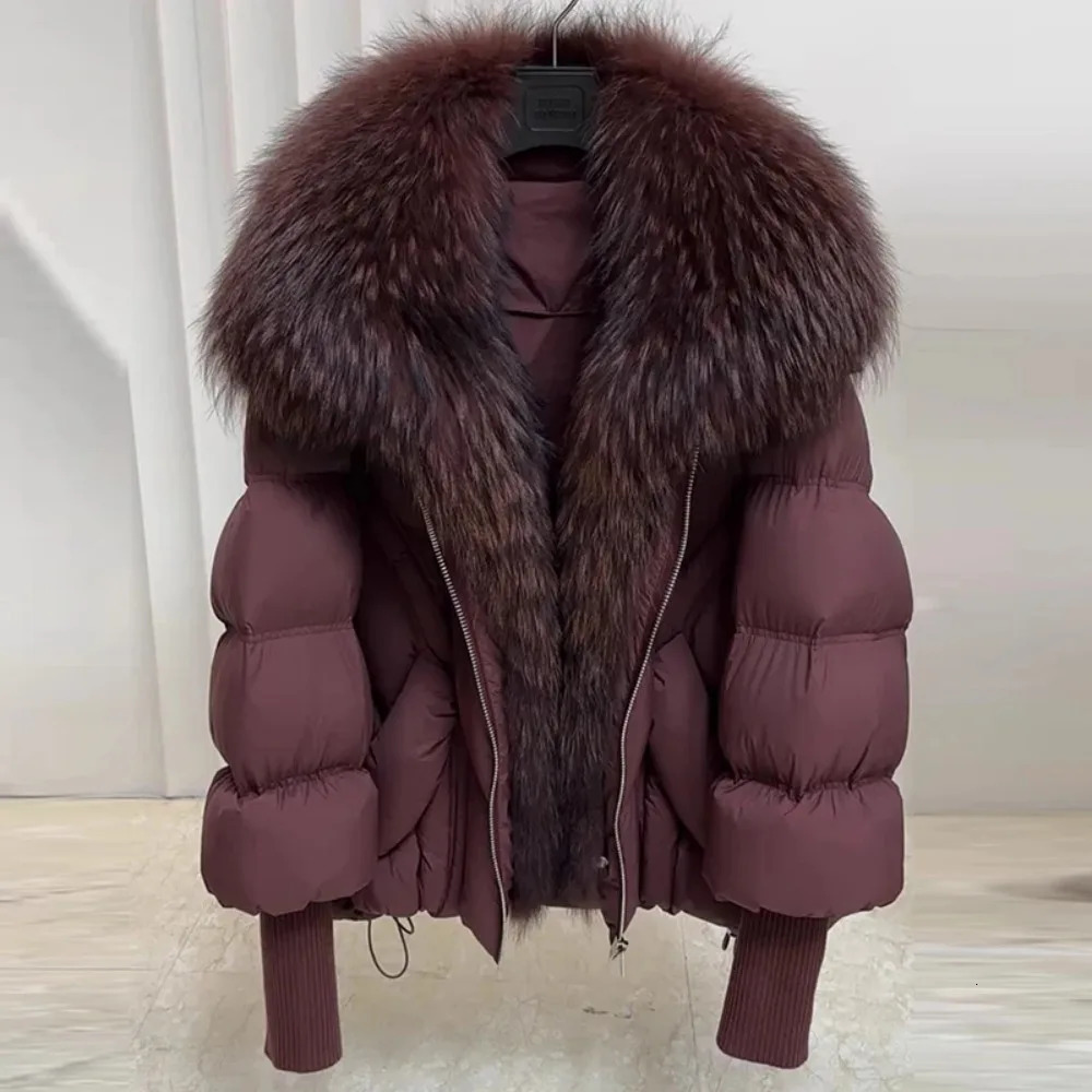 Winter Large Raccoon Fur Puffer Coat for Women Oversized Feather Down Parka Knit Sleeve White Duck Down Jacket 250725