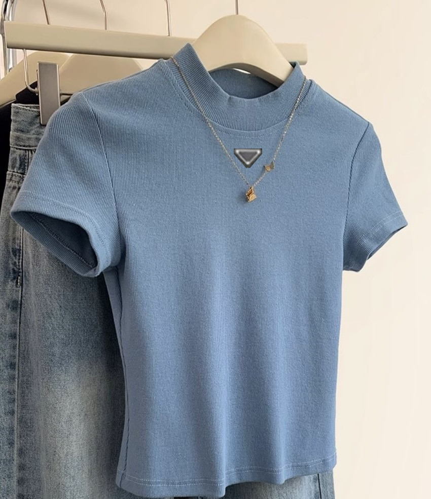 Triangular logo high-neck short-sleeved designer T-shirt for women's summer new solid color designer T-shirt, short-sleeved, slimming, straight