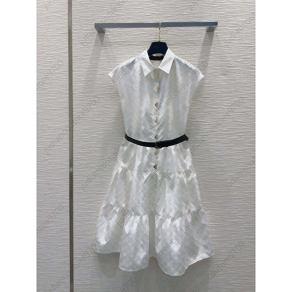 Designer Dress Women White Shirt Dress With Belted Womens Clothes Jacquard Pattern Tiered Ruffle Hem Mid Length Sleeveless Lapel Vestidos Summer Dre