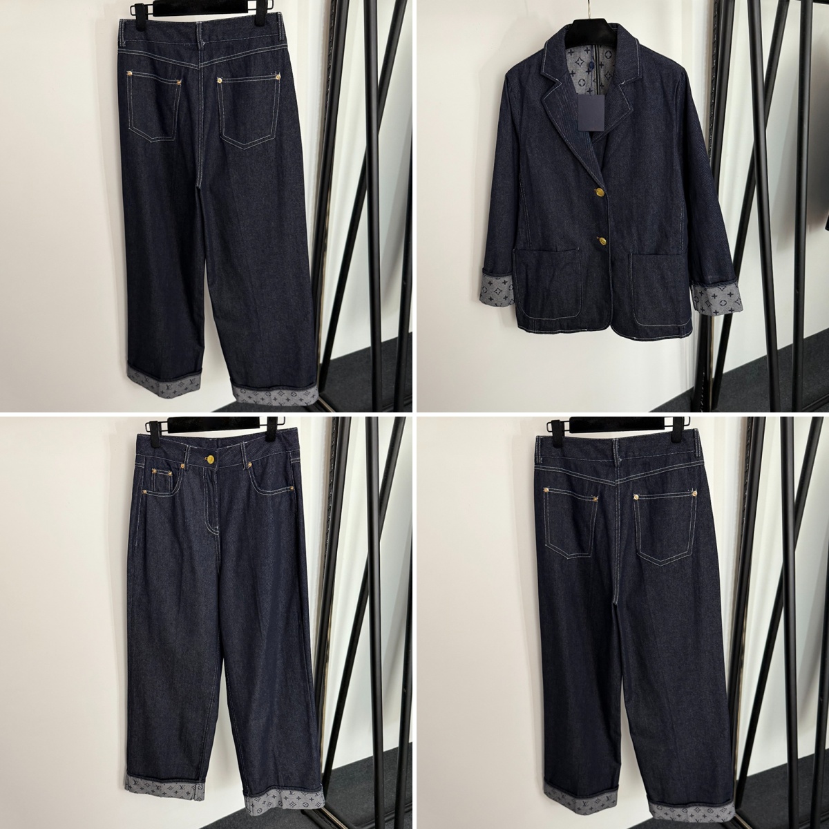 Luxury Denim Jackets Pants INS Style Personality Tracksuits Women Two Piece Coat Trousers High Waist Straight Pant Outfits