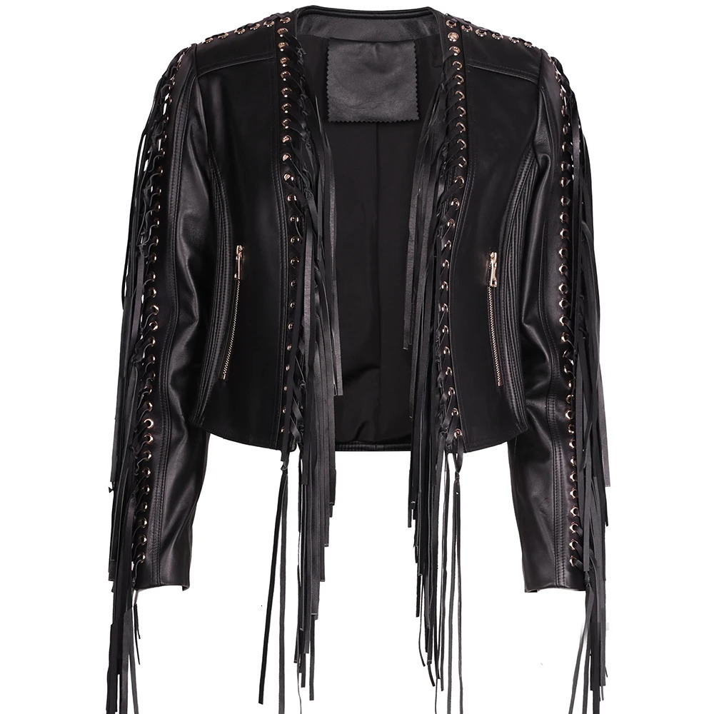 YOLOAgain Womens Real Leather Jacket Black Tassel Cropped Jacket Autumn Streetwear 250730
