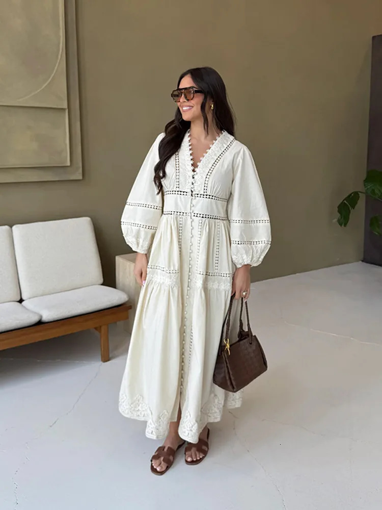 Elegant Lace Hollow Out Womens Long Dress Solid Vneck Patchwork Puff Sleeve Bodycon Dressess Female Spring Lady Robes 250730