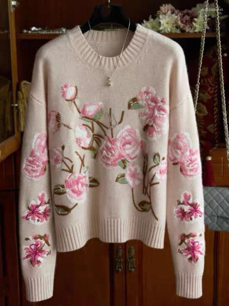 Women's Sweaters Fasbion Elegant Long Sleeve Flower Embroidery Design Aesthetics Short Pullovers Casual Loose Vintage Clothing