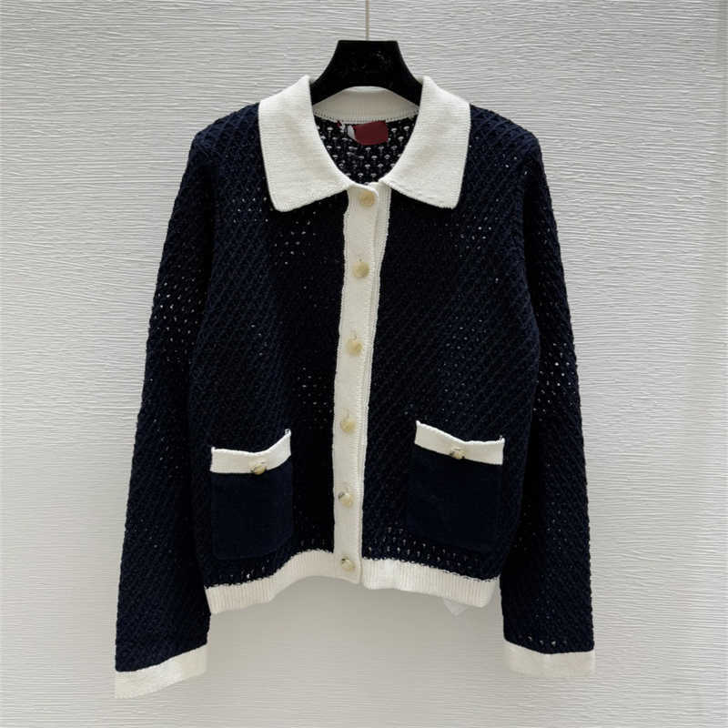Black cardigan designer clothing women Hollow Out Lapel Knitted Cardigans Long Sleeve Clashing luxury casual Sweater