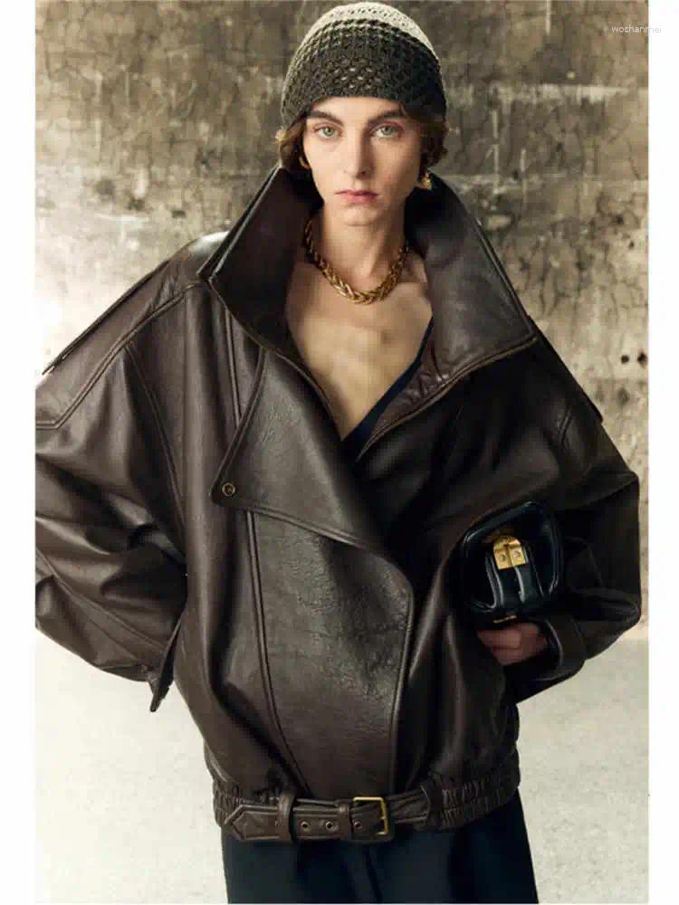 Women's Jackets Retro Motorcycle Brown Leather Jacket 2025 Autumn And Winter Double Layered Collar Loose Short Pu