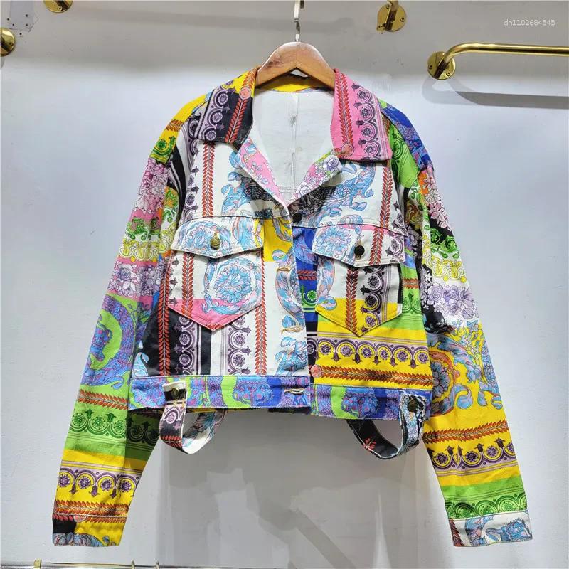 Women's Jackets Spring Autumn Vintage Print Spliced Denim Coat Women Fashion Pocket Short Jeans Jacket Loose Casual Cowboy Tops Female W860