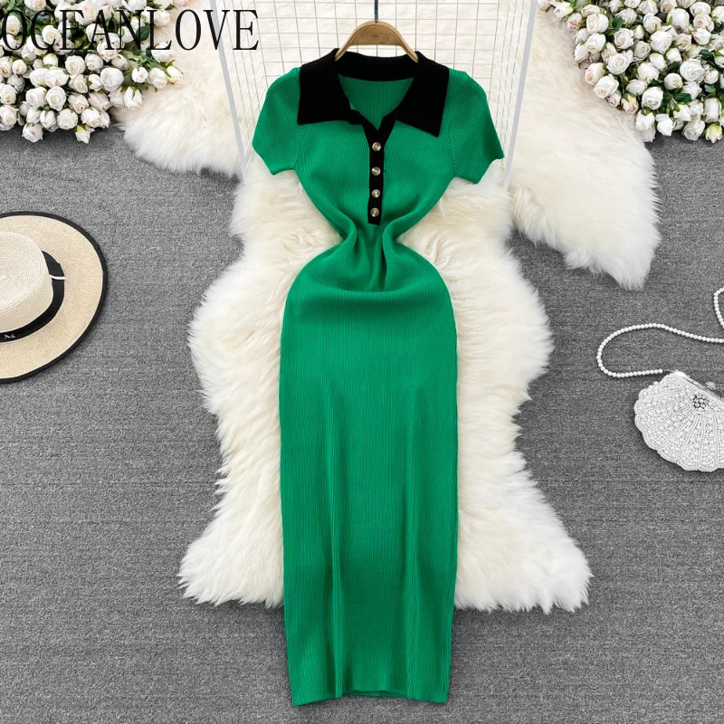 Oceanlove Y2K Clothes Women Dresses Contrast Color Knitting Spring Summer Slim Robe Femme Vintage Sexy Korean Womens Dresses 250725