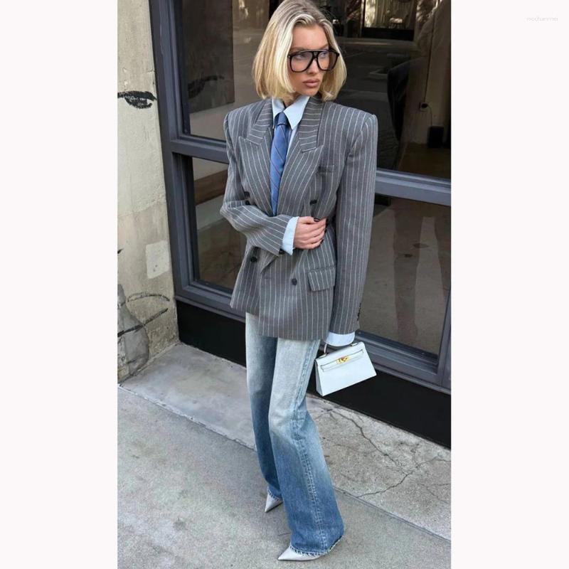 Women's Two Piece Pants Gray Women Suits Customized Fashion Casual Daily Double-breasted Pieces(Jacket Jeans) Loose Fit Business Office Lady