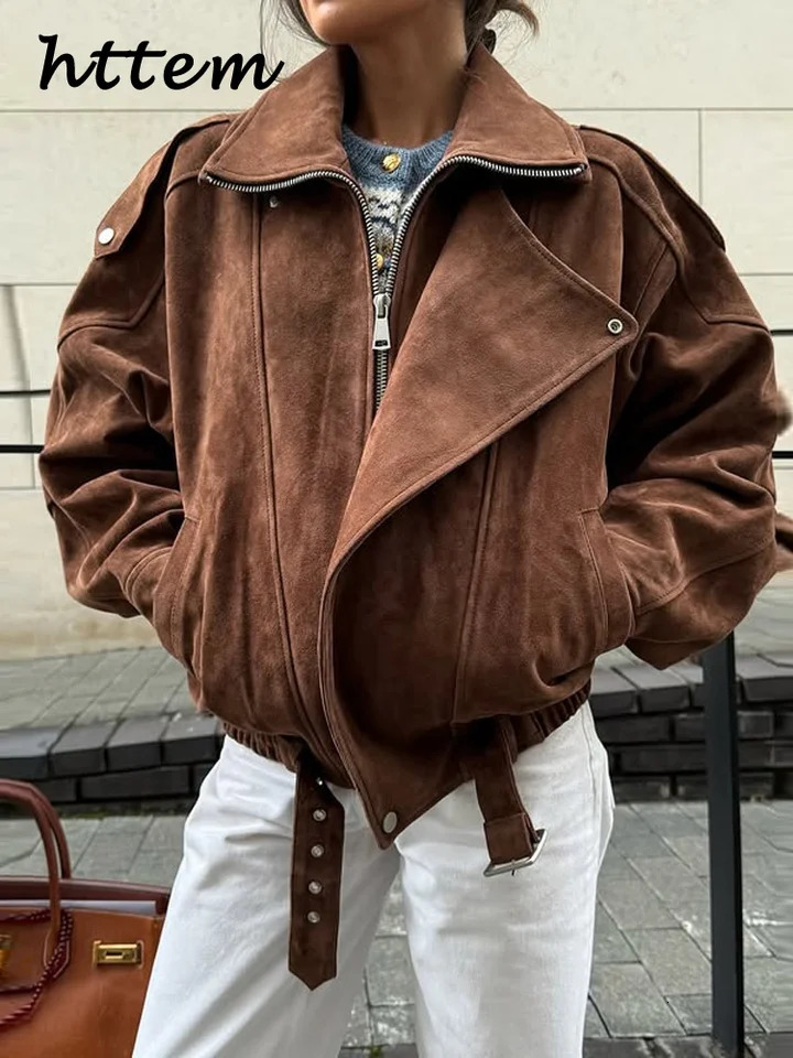 Spring Chic Womens Belt Brown Suede Jacket Vintage Lapel Zipper Full Sleeve Female Short Coat for Commute Street Outwear 250724