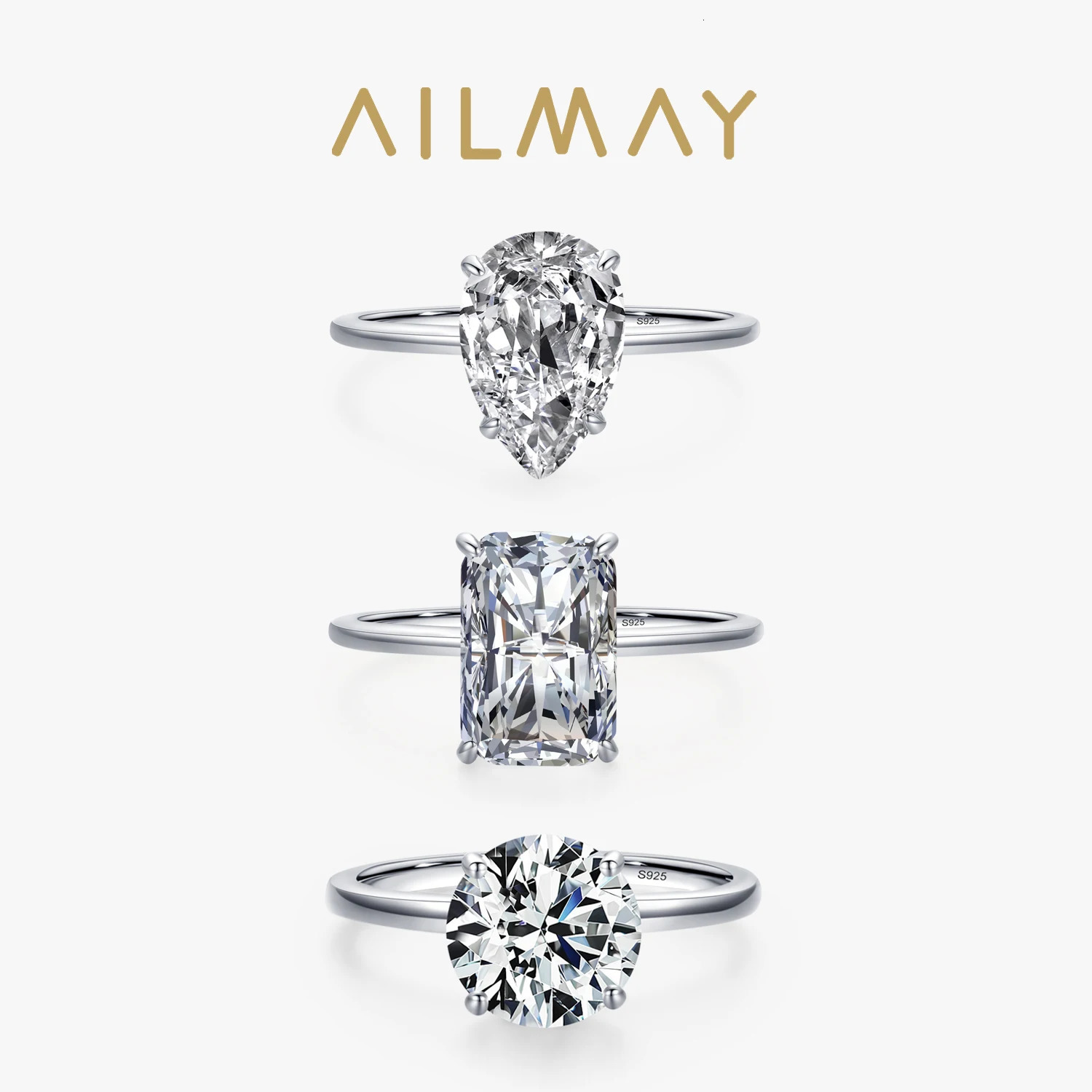 Ailmay Cutting Clear CZ Ring Solid 925 Sterling Silver Classic Finger Rings For Women Wedding Engagement Jewelry Gift250724