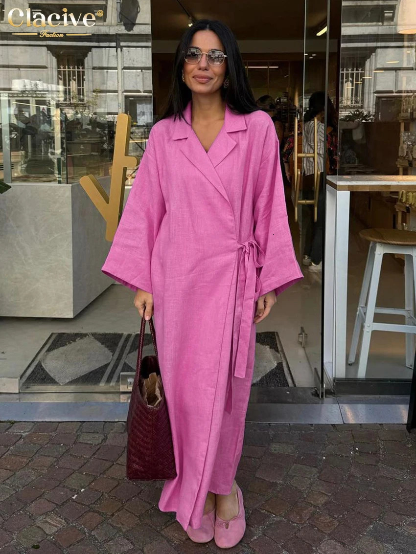Clacive Casual Loose Pink Cotton Dress Ladies Fashion Lapel Long Sleeve Ankle Length Elegant LaceUp Dresses For Women 250730