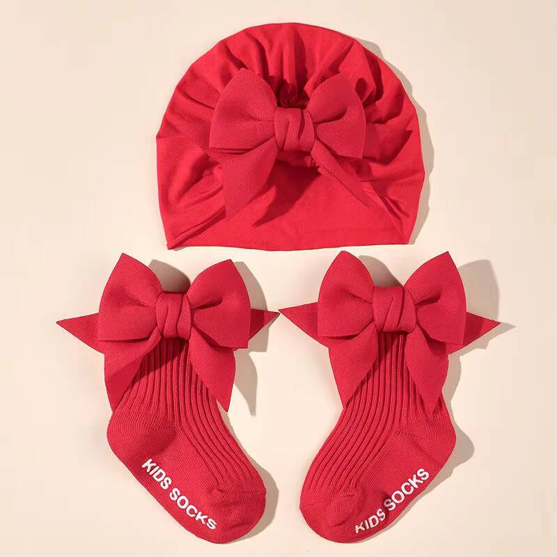 2pcs/set Baby Bow with Suit Newborn Boys and Girls Socks Cap Set Short Tube Sock+ Turban Hat for Autumn Spring H446 ddmyshoesvip