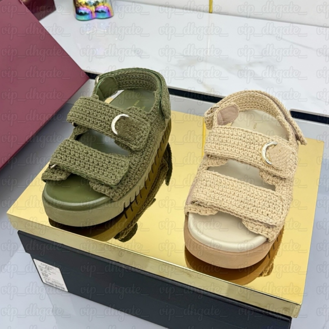 Raffias leather canvas Crochet Sandal Designer slipper Womens Mule Flat shoe Luxury Summer pearl Sliders Beach Gladiator Sandale Lady Casual Outdoor
