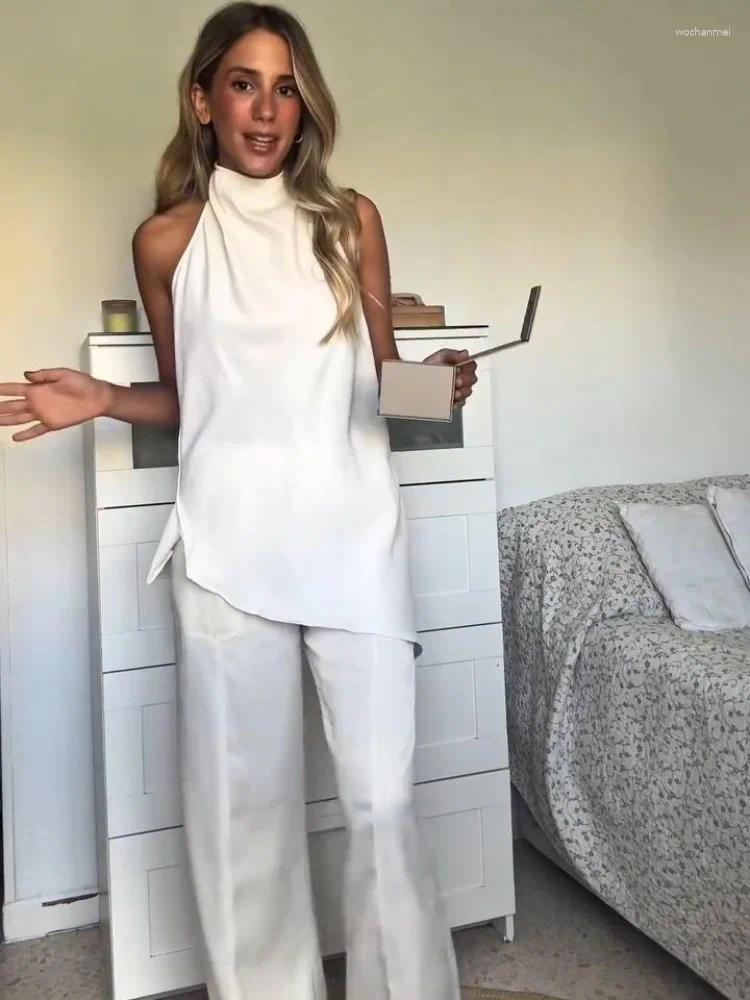 Women's Two Piece Pants Office Pant Set Casual Backless Halter Top High Waist Wide Leg Trousers Summer Solid Lady Sset Commuting