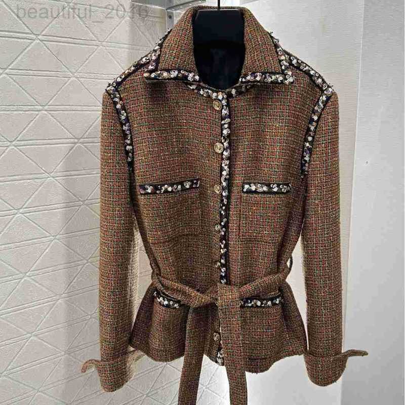 Women's Jackets designer 25 Autumn Winter New Product Hem Beaded Belt Lapel Tweed Jacket Skirt Set JHJG