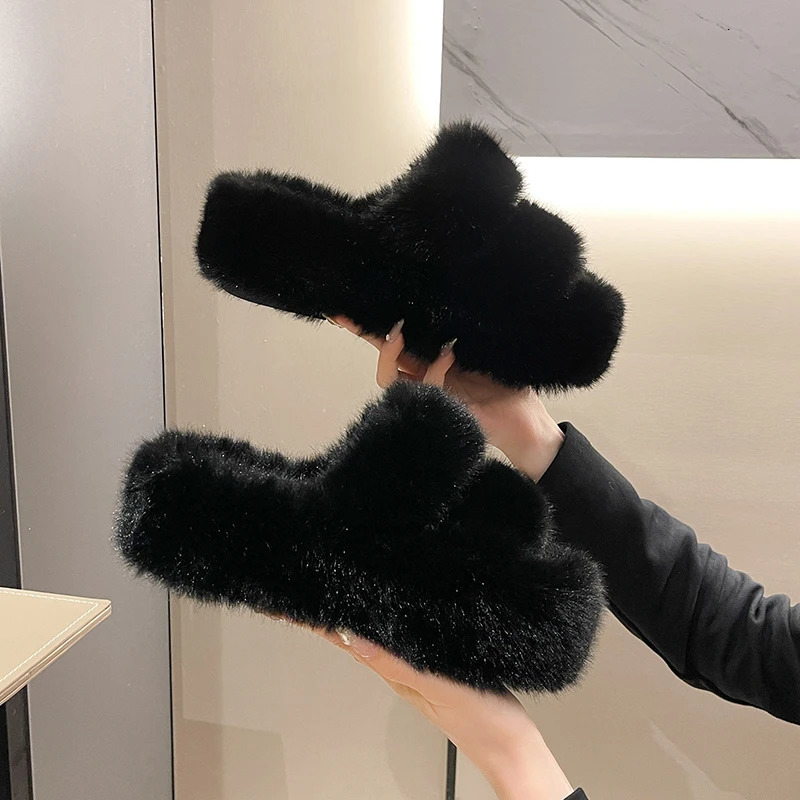 Woman Furry Ladies Fur Fluffy Plush Slipper House Soft Fuzzy Platform Indoor Casual Winter Home Warm High Heels Female 250725