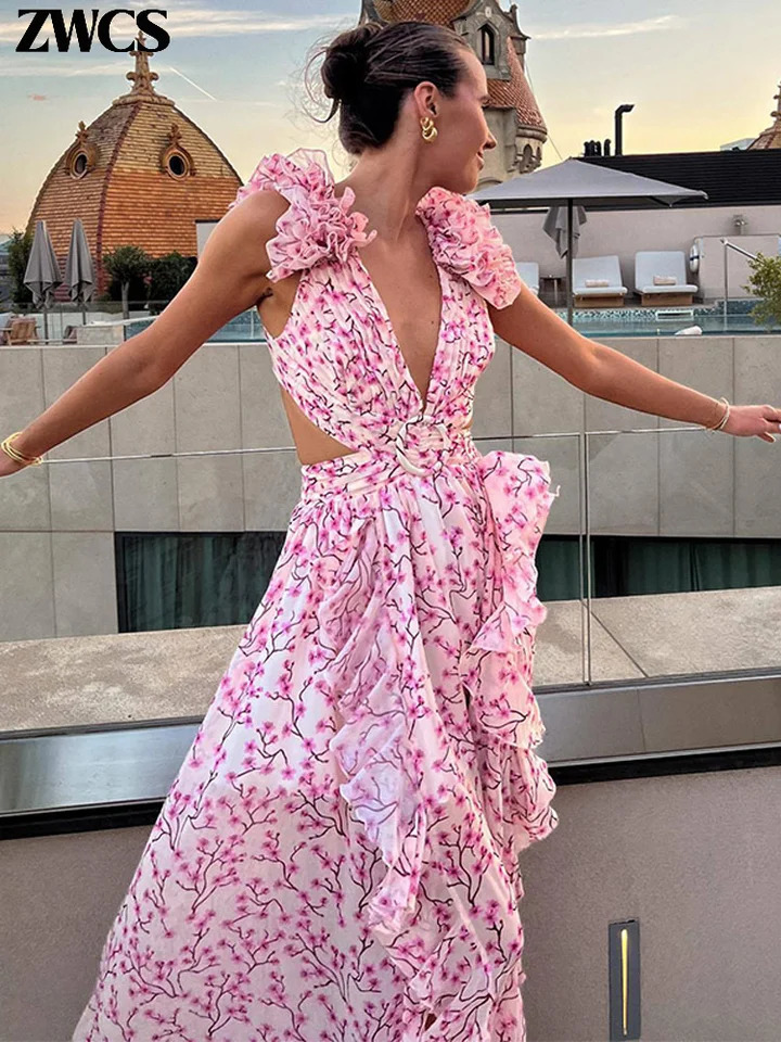 Print Ruffles Hollow Out Long Dresses Womens Sexy Backless Sleeveless Laceup High Waist Split Dress Lady Beach Robes 250730