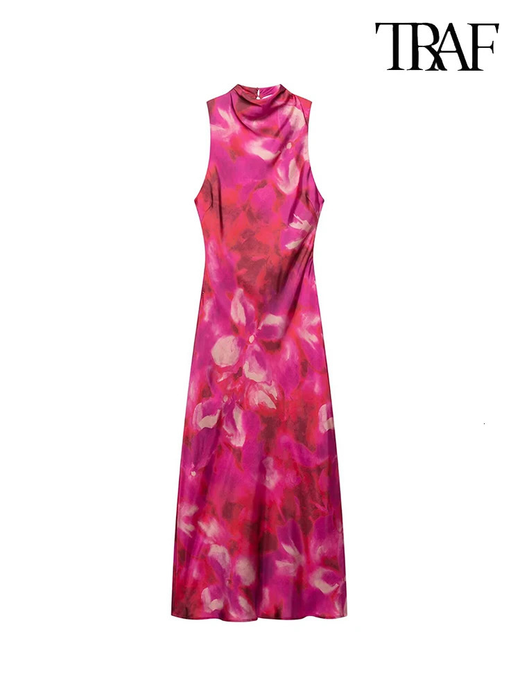 TRAF Womens Fashion Pink Floral Printed Satin Long Button Embellished Back Sleeveless Dress Casual Vacation Party Evening 250730